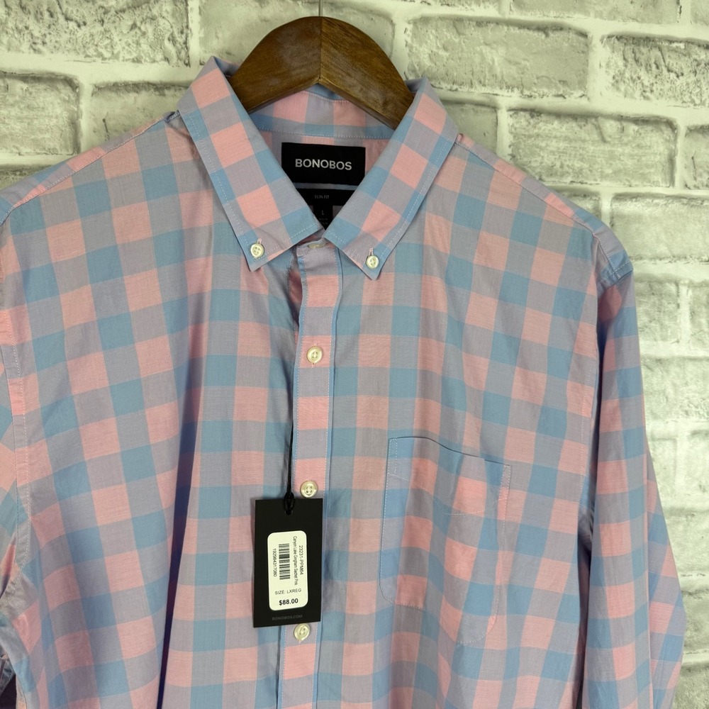 Bonobos Men Large Slim Fit Gingham Shirt Canyon Lake Sachet Pink NWT 23231-PPM64